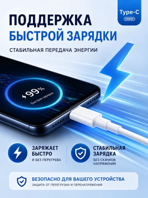 Кабель type-c usb-a для быстрой зарядки телефона — фото 3