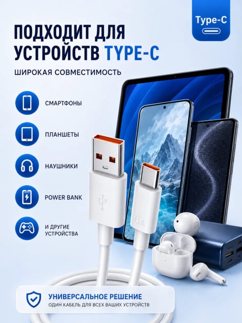 Кабель type-c usb-a для быстрой зарядки телефона — фото 5