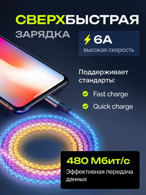 Кабель светящийся Type-C шнур на телефон быстрая зарядка — фото 3
